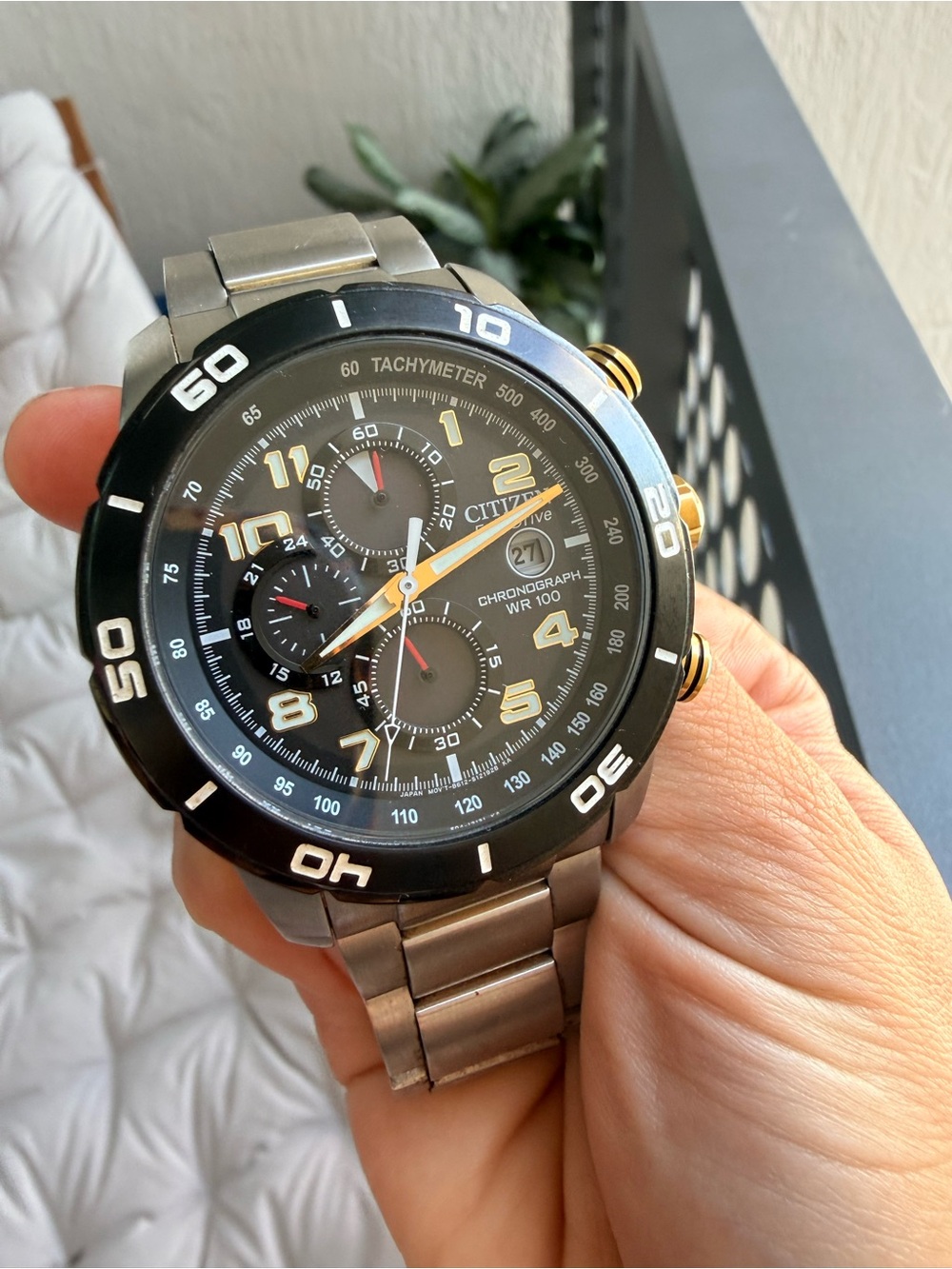 Citizen Eco-Drive Chronograph WR100 Wristwatch Black Dial Gold Stainless Steel